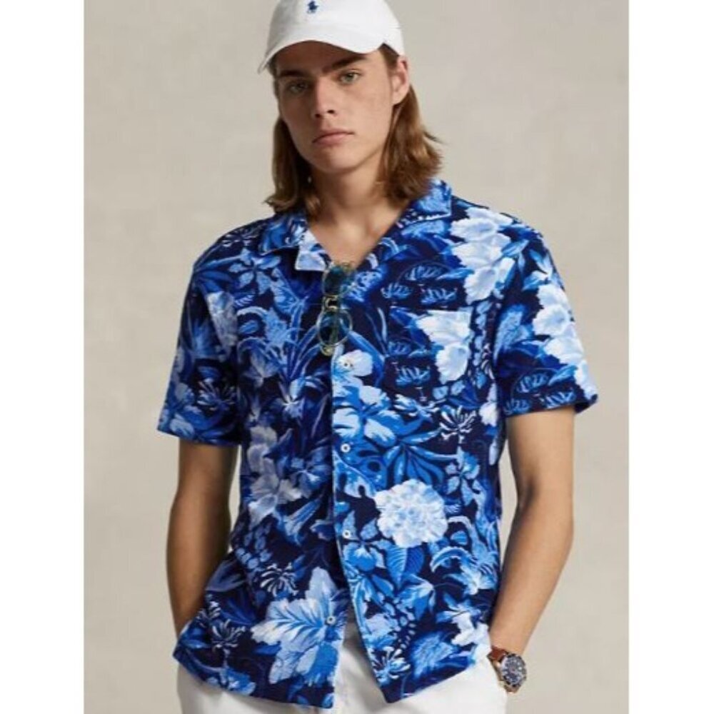 Polo Ralph Lauren Men's Camp Shirt Slim Fit Floral Blue Button Pocket Medium